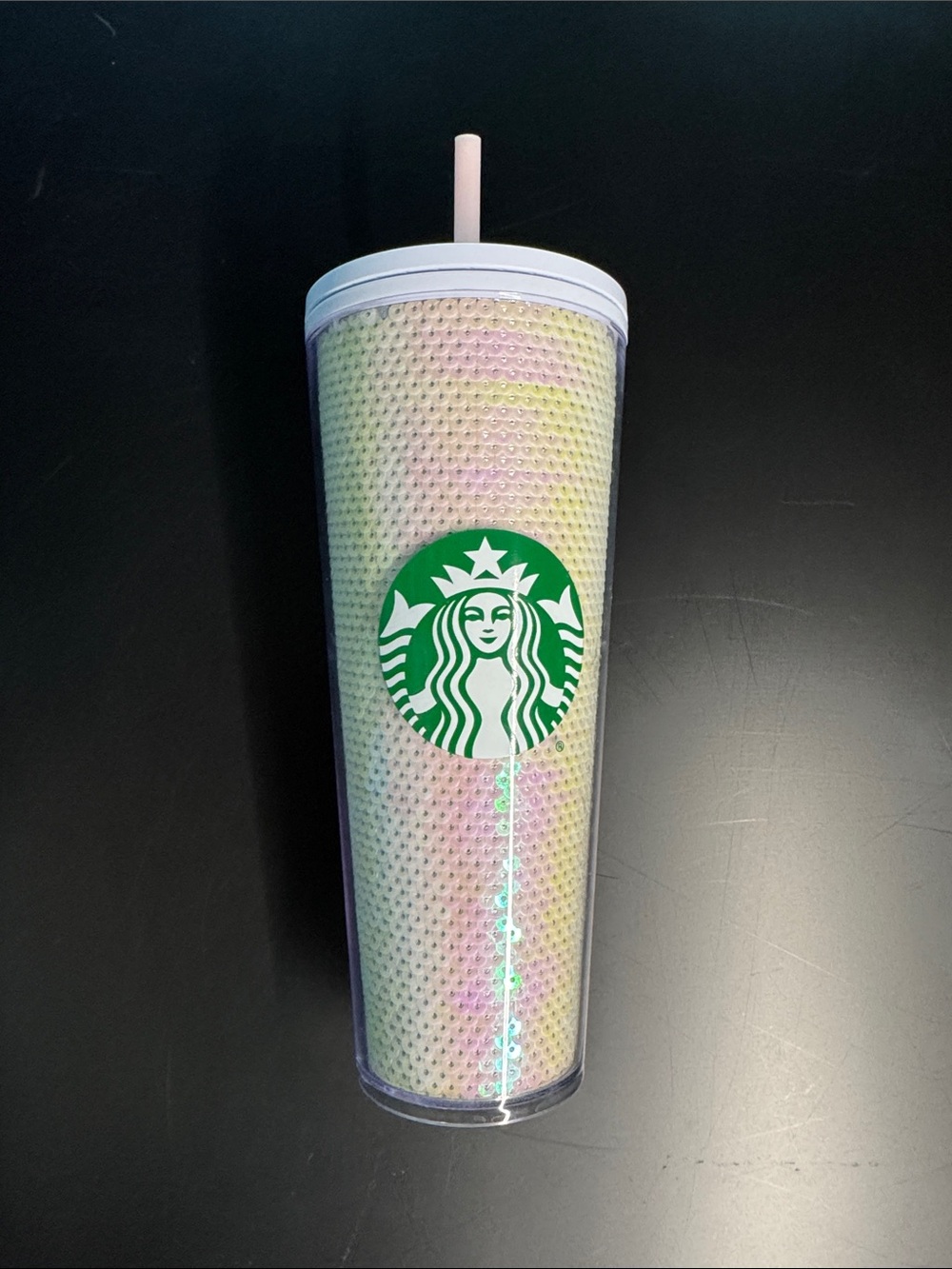 Starbucks Iridescent Pastel Studded Tumbler with Green Logo and Pink Straw - NWT